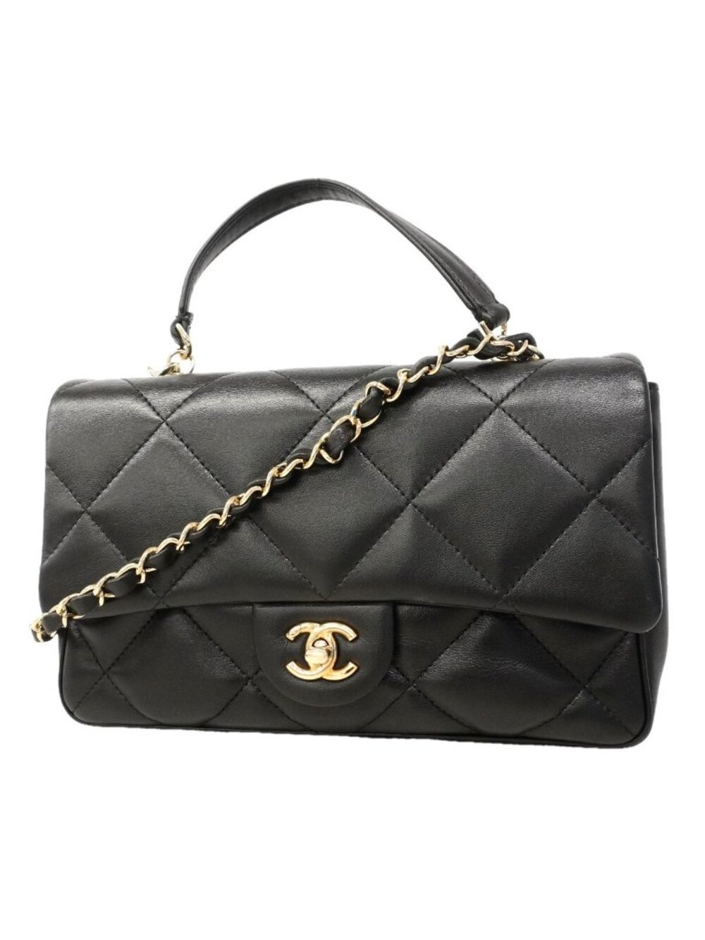 Chanel Handbag Quilted Lambskin Black Gold 2-Way Bag